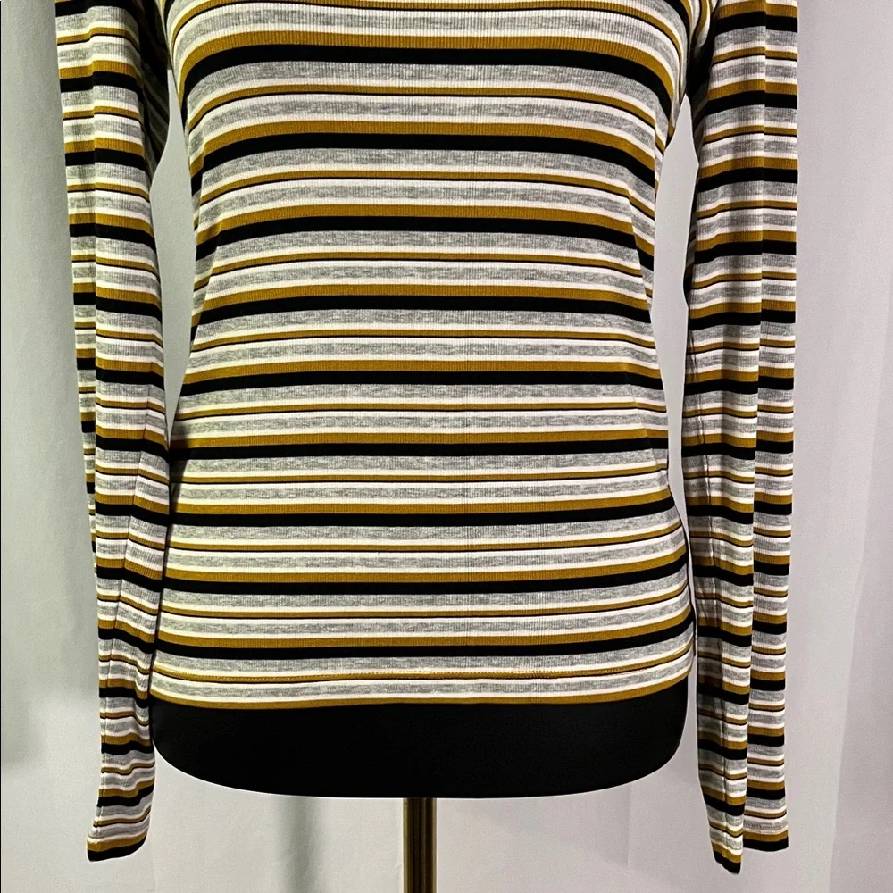 NWT LOFT Mustard Yellow Black & Gray Striped Long Sleeve Round Neck Top